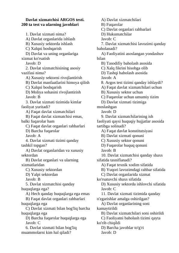 yangi ARGOS test 200 ta javoblari bn