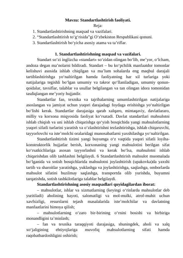 Standartlashtirish faoliyati