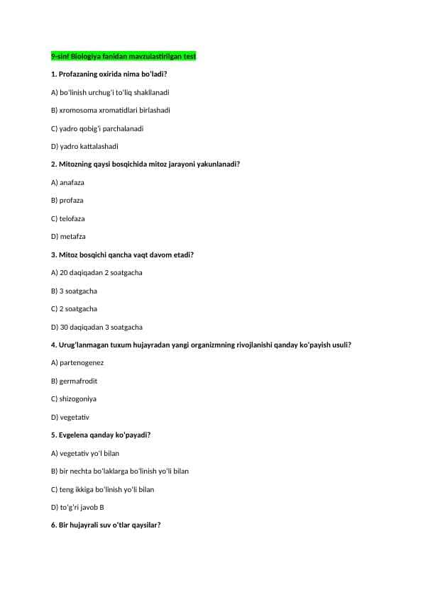 9-sinf Biologiya fanidan mavzulastirilgan test