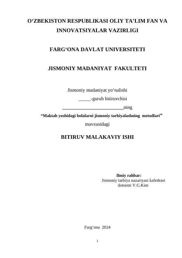 Maktab yoshidagi bolalarni jismoniy tarbiyalashning metodlari bitiruv malakaviy ish BMI