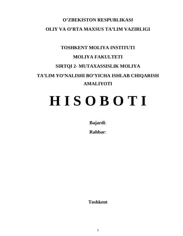 Moliya ta'lim yo'nalishi amaliyot hisoboti