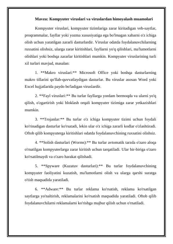 Kompyuter viruslari va viruslardan himoyalash muamolari