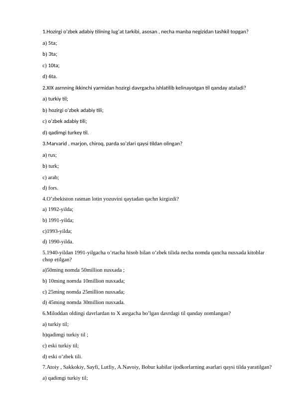 ona tili fanidan test 200 ta
