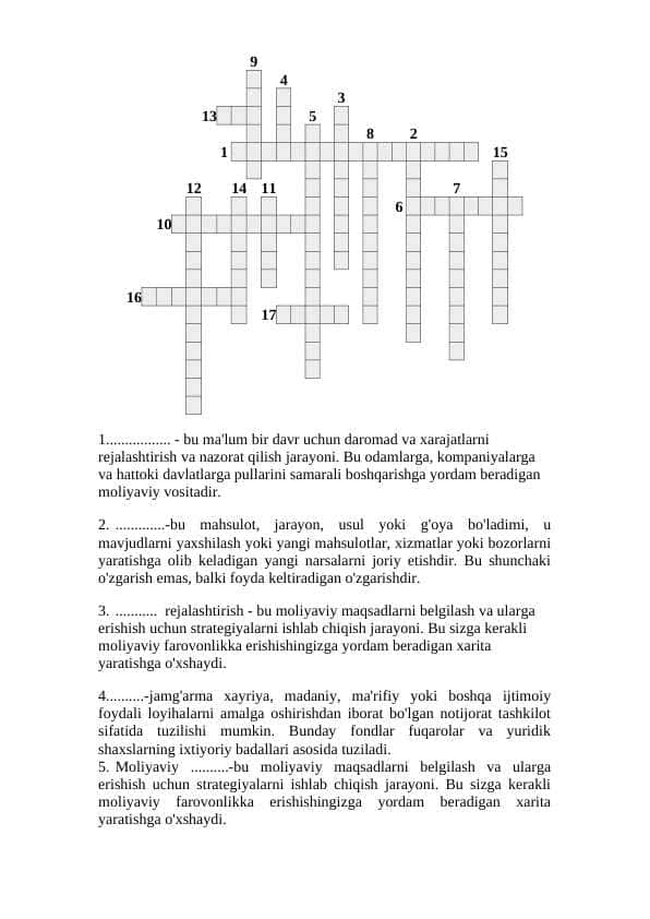 moliyaviy menejmentdan, moliya, bank, iqtisodiyot bo'yicha 17 talik krassvord javobi bilan