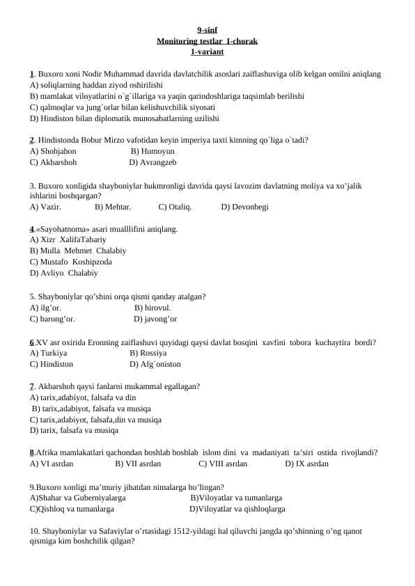 9-sinf Tarix test