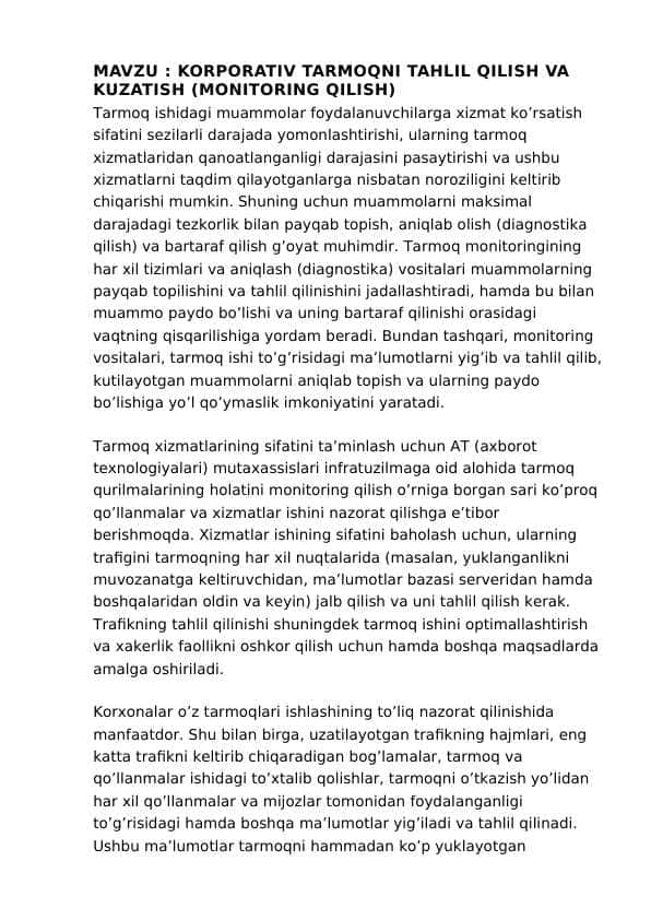 KORPORATIV TARMOQNI TAHLIL QILISH VA KUZATISH