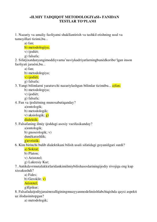 ILMIY TADQIQOT METODOLOGIYASI FANIDAN TEST 100 TALIK