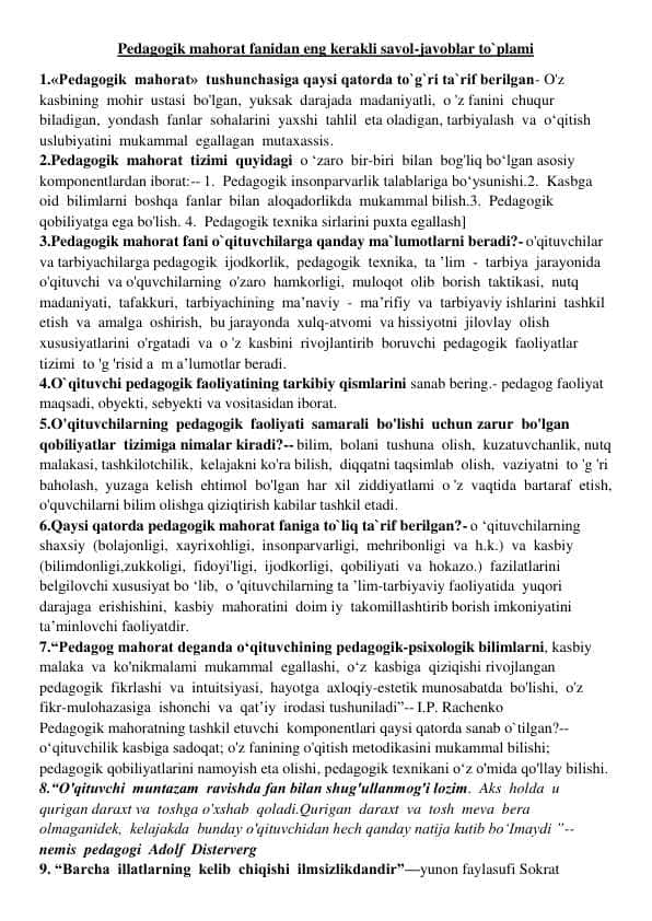 Pedagogik mahorat fanidan savol-javoblar