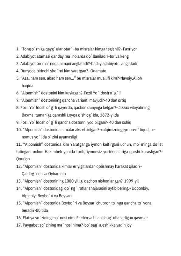 9- sinf adabiyotidan savol javoblar