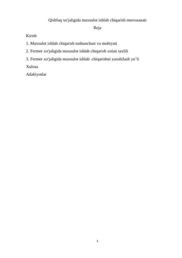 Qishloq xo'jaligida maxsulot ishlab chiqarish muvozanati