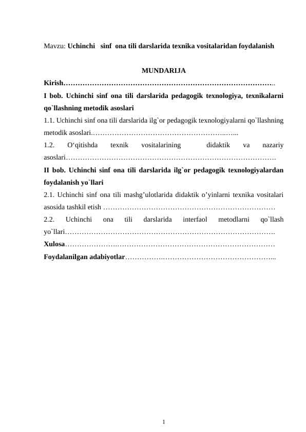 Uchinchi sinf ona tili darslarida texnika vositalaridan foydalanish