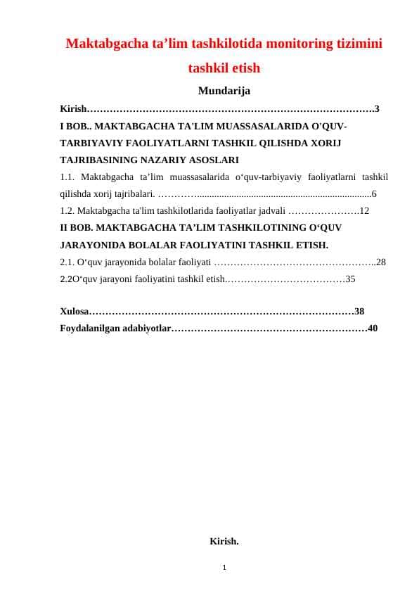 Maktabgacha ta’lim tashkilotida monitoring tizimini tashkil etish