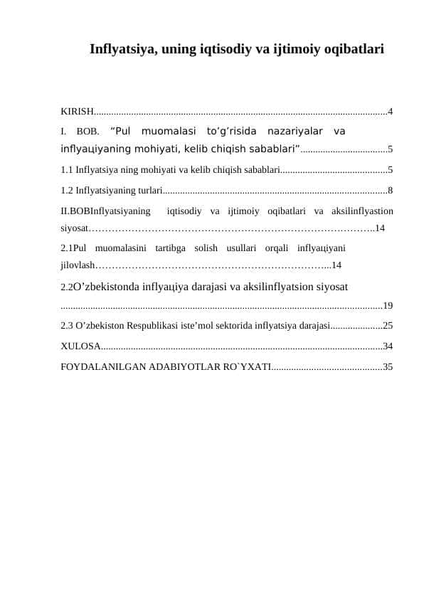 Inflyatsiya, uning iqtisodiy va ijtimoiy oqibatlari