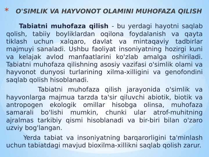 O'SIMLIK VA HAYVONOT OLAMINI MUHOFAZA QILISH