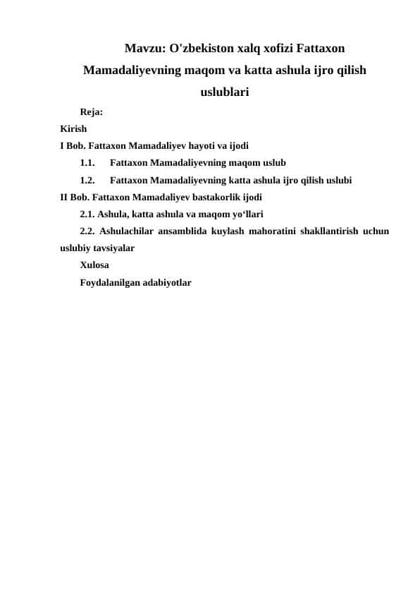 O'zbekiston xalq xofizi Fattaxon Mamadaliyevning maqom va katta ashula ijro qilish uslublari