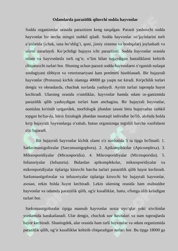 Odamlarda parazitlik qiluvchi sodda hayvonlar