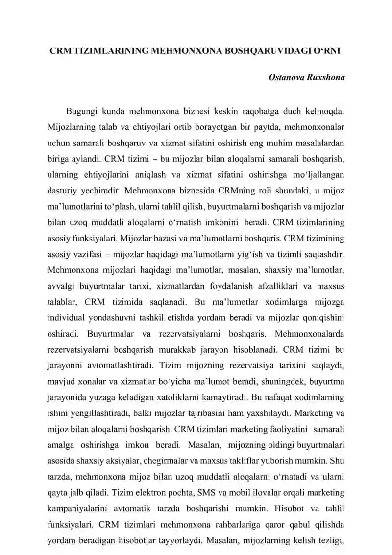 CRM TIZIMLARINING MEHMONXONA BOSHQARUVIDAGI OʻRNI