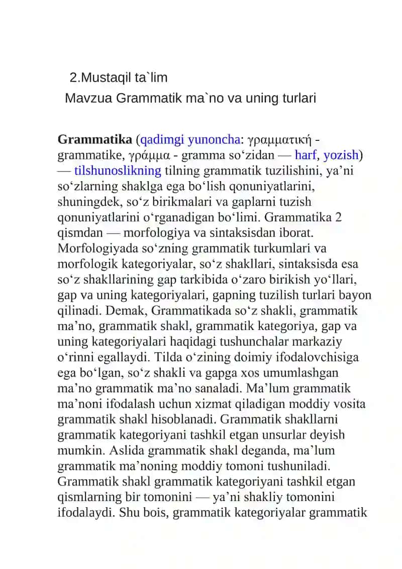 Grammatika (Mavzua Grammatik ma`no va uning turlari)