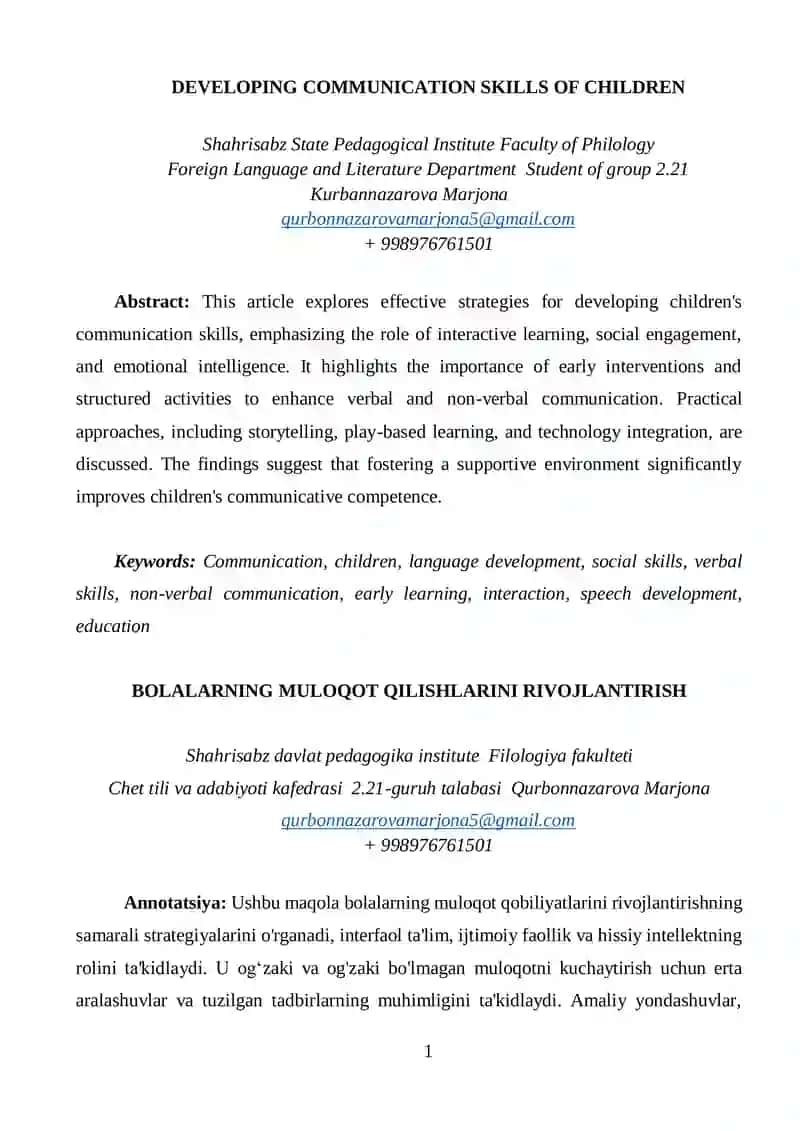 BOLALARNING MULOQOT QILISHLARINI RIVOJLANTIRISH
