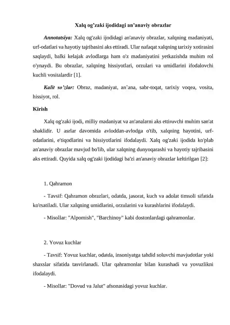 Xalq og’zaki ijodidagi an’anaviy obrazlar