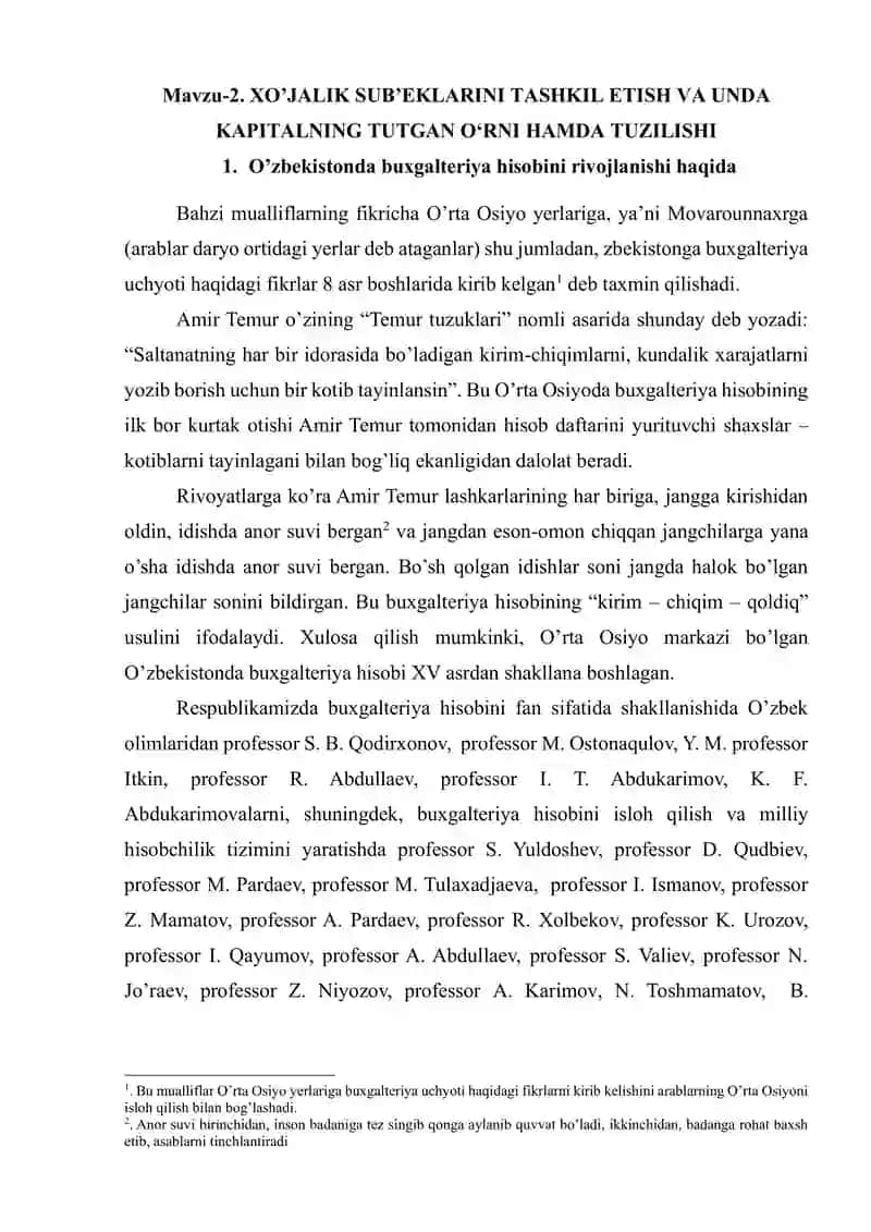 XO’JALIK SUB’EKLARINI TASHKIL ETISH VA UNDA KAPITALNING TUTGAN O‘RNI HAMDA TUZILISHI