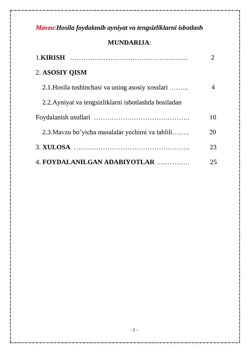 Hosila foydalanib ayniyat va tengsizliklarni isbotlash