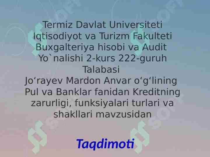 Kreditning Zarurligi, Funksiyalari Turlari Va Shakllari.