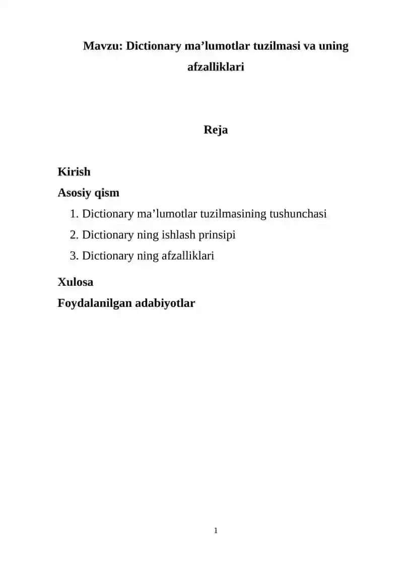 Dictionary maʼlumotlar tuzilmasi va uning afzalliklari