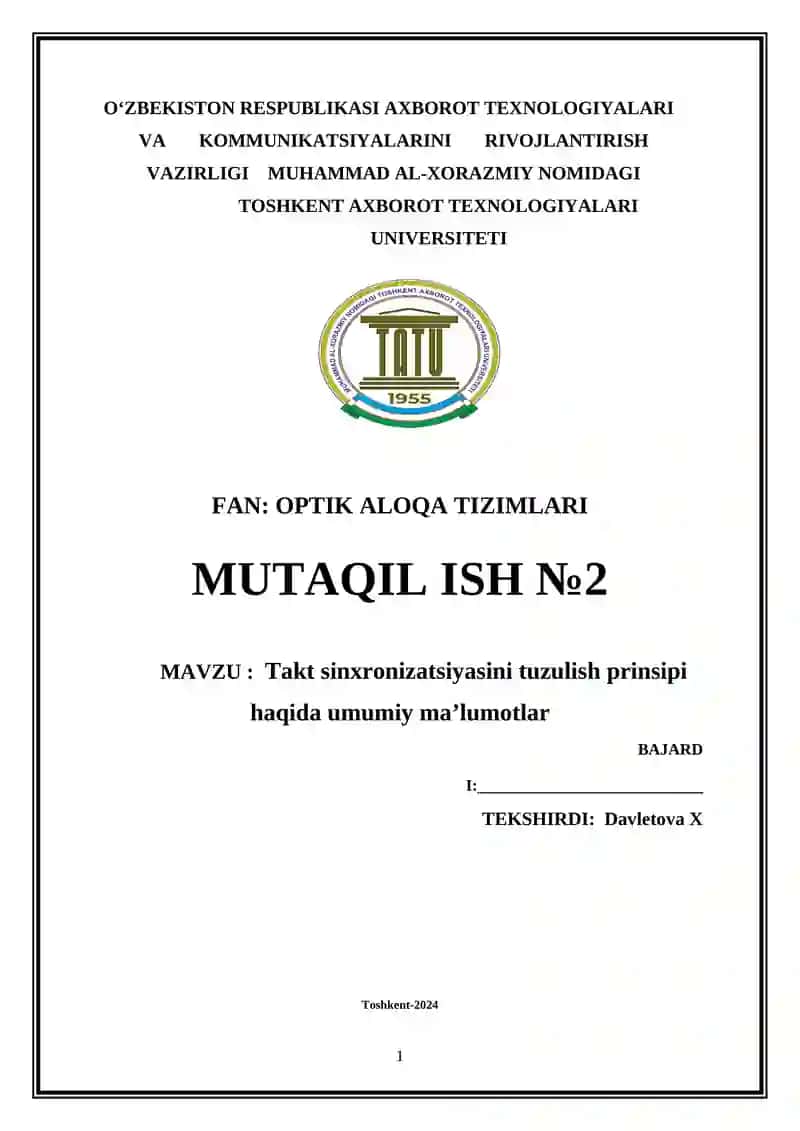 Takt sinxronizatsiyasini tuzulish prinsipi haqida umumiy maʼlumotlar