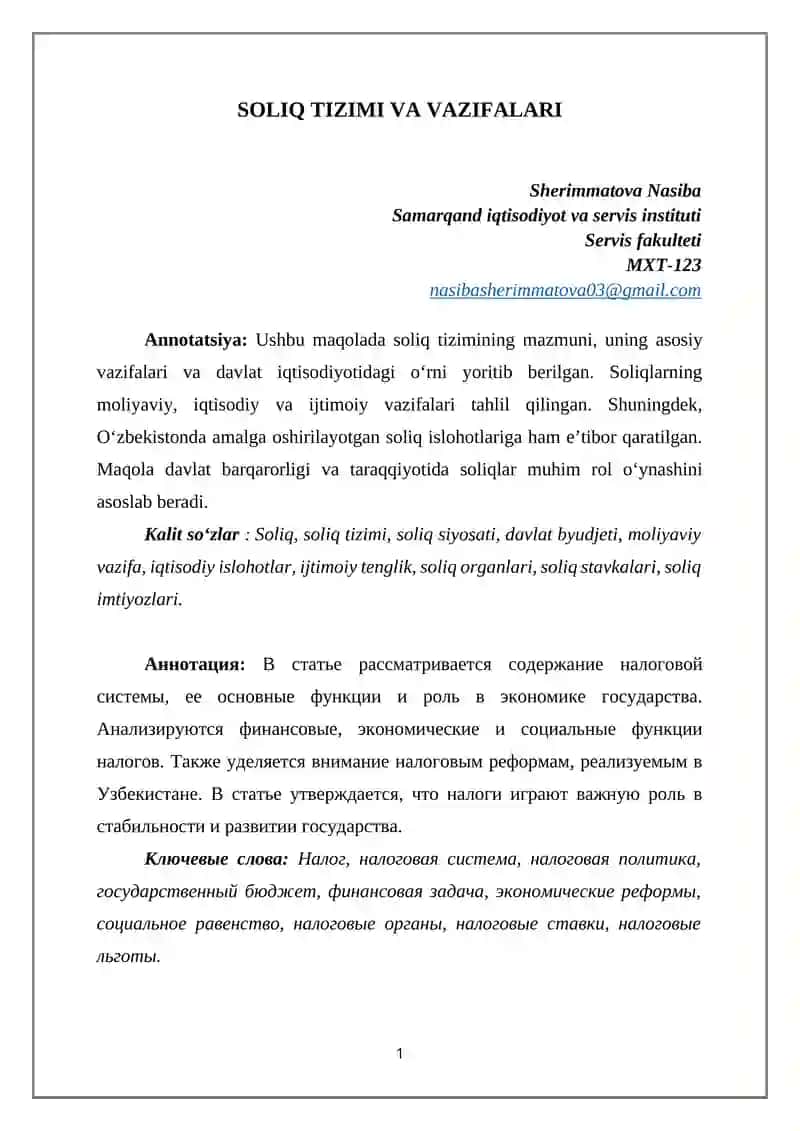 SOLIQ TIZIMI VA VAZIFALARI