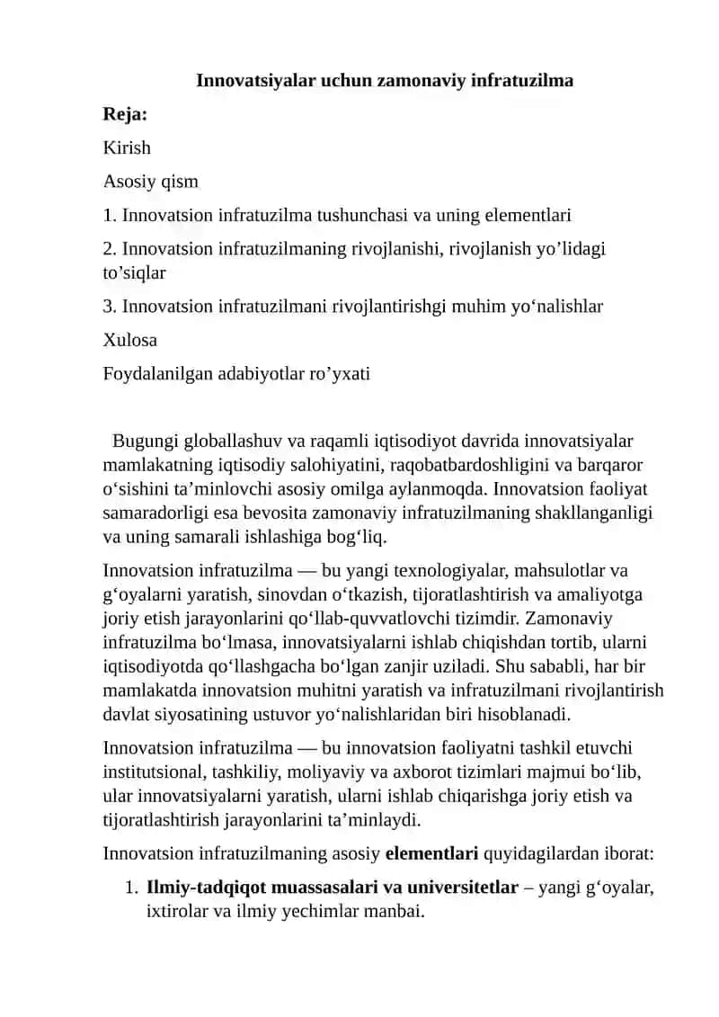 Innovatsiyalar uchun zamonaviy infratuzilma esse