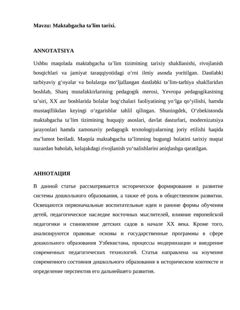 Maktabgacha ta'lim tarixi