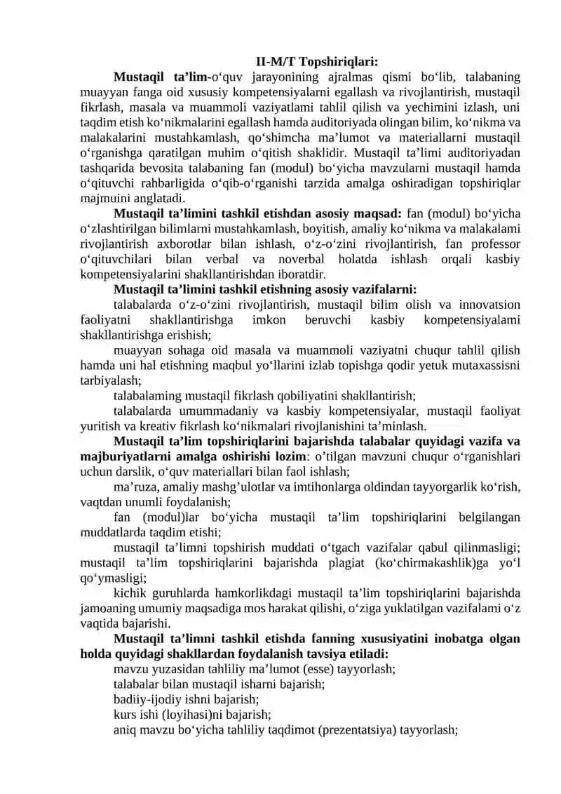 II-M/T Topshiriqlari
