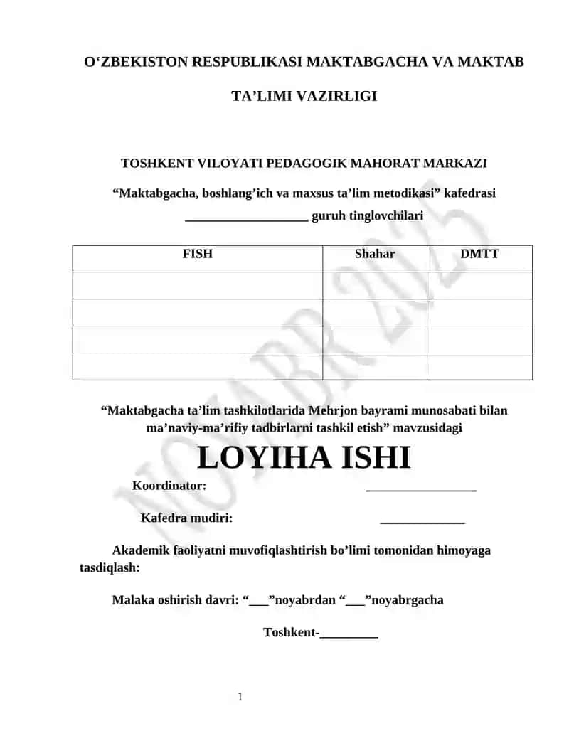 Maktabgacha ta’lim tashkilotlarida Mehrjon bayrami munosabati bilan ma’naviy-ma’rifiy tadbirlarni tashkil etish Mehrjon bayrami Loyiha ishi