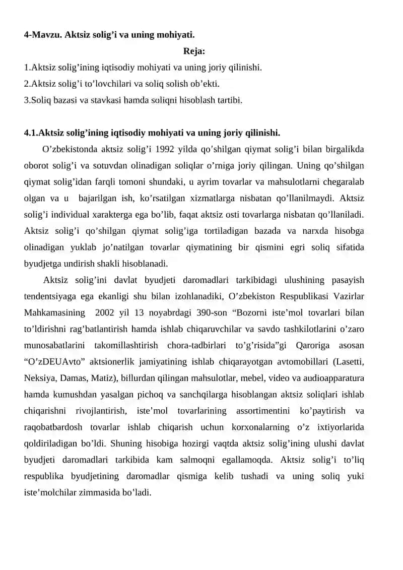 Aktsiz solig'i va uning mohiyati