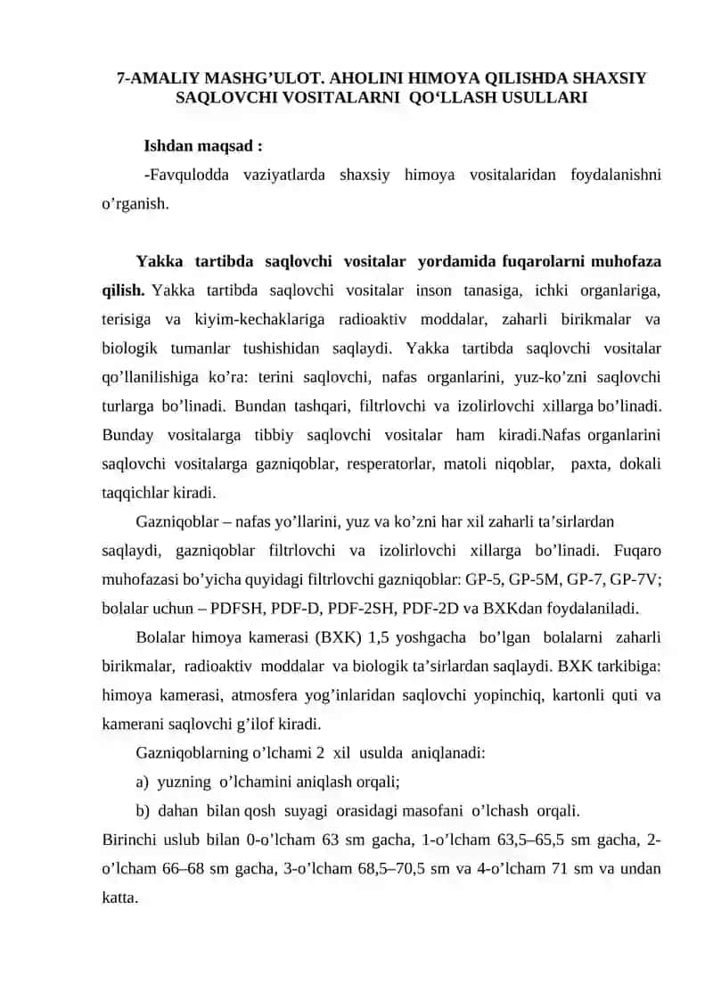 AHOLINI HIMOYA QILISHDA SHAXSIY SAQLOVCHI VOSITALARNI QО‘LLASH USULLARI