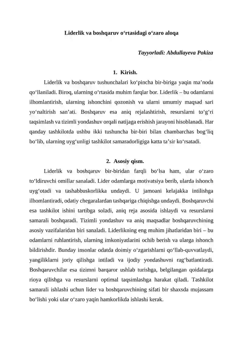 Liderlik va boshqaruv oʻrtasidagi oʻzaro aloqa
