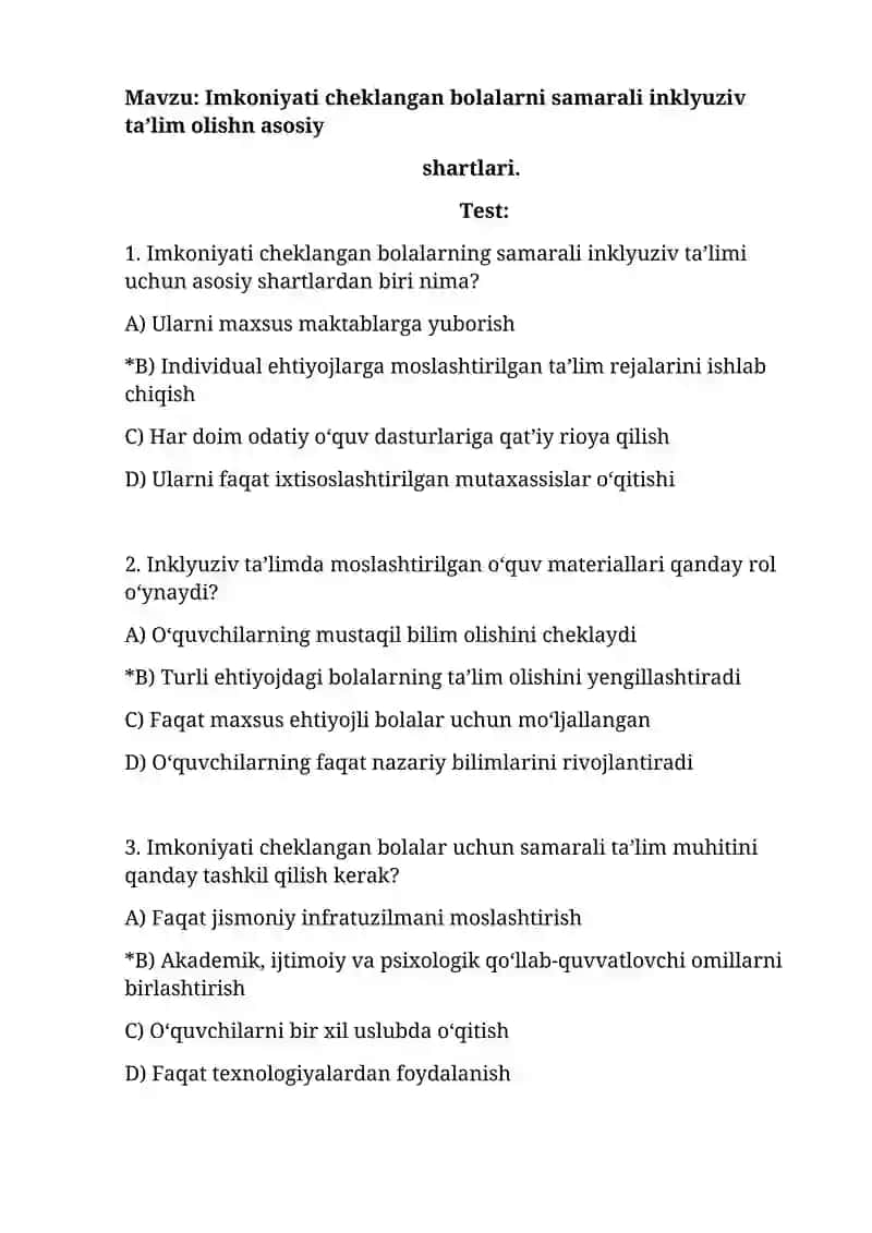 Imkoniyati cheklangan bolalarni samarali inklyuziv ta’lim olishn asosiy shartlari