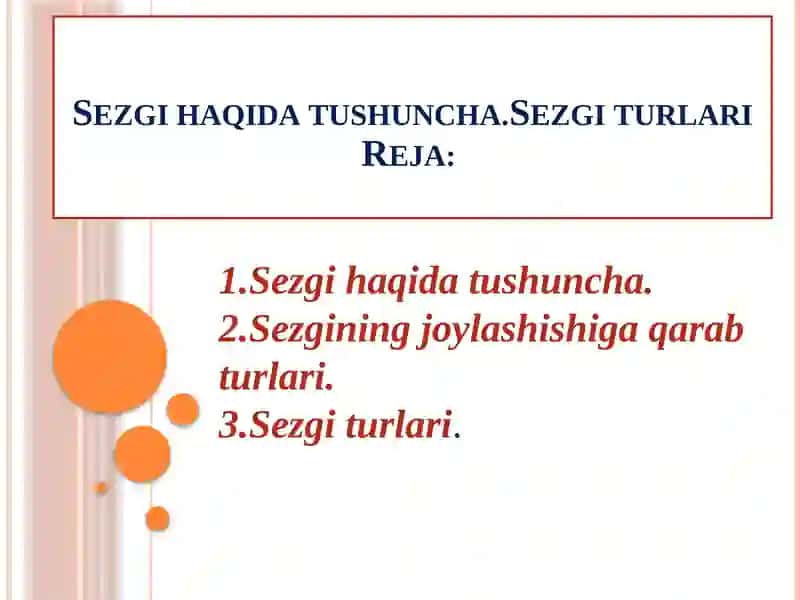 Sezgi haqida tushuncha.Sezgi turlari