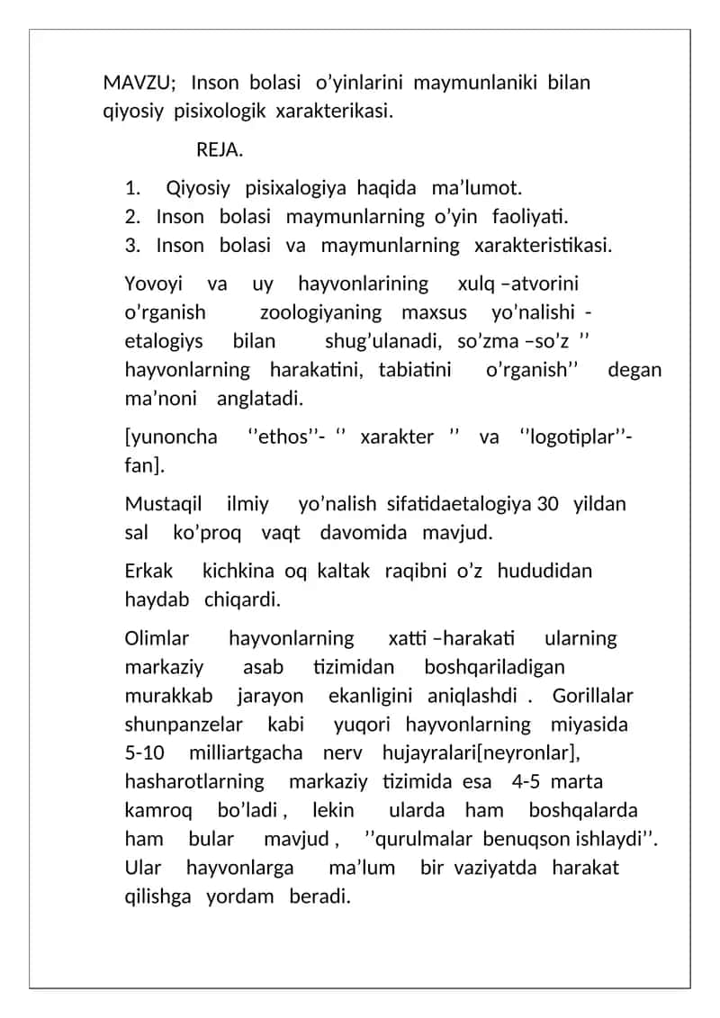 Inson bolasi o’yinlarini maymunlaniki bilan qiyosiy pisixologik xarakterikasi
