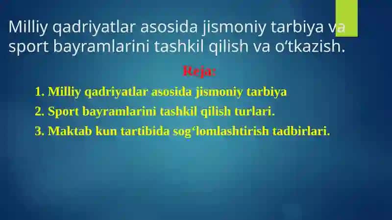 Milliy qadriyatlar asosida jismoniy tarbiya va sport bayramlarini tashkil qilish va o‘tkazish.