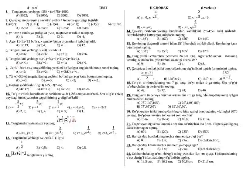 8 – sinf Algebra TEST II CHORAK (2 ta variant)