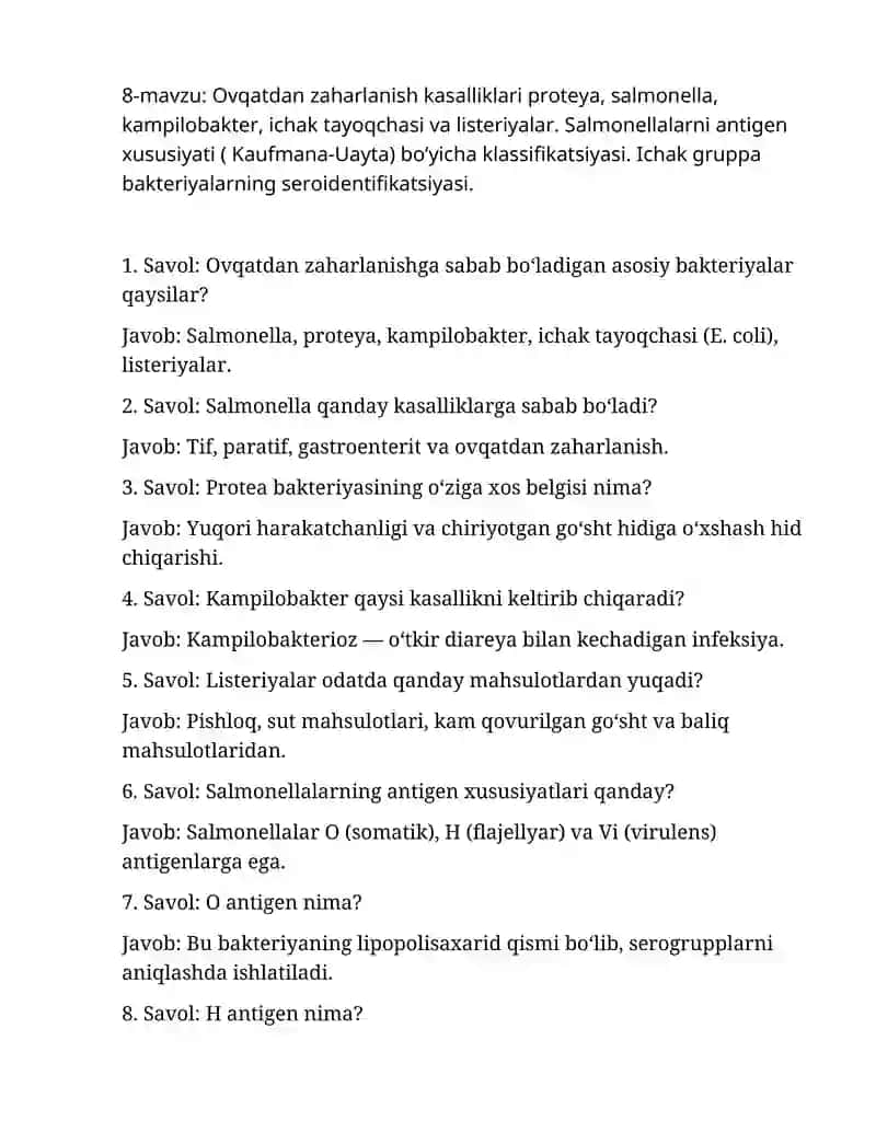 Ovqatdan zaharlanish kasalliklari proteya, salmonella, kampilobakter, ichak tayoqchasi va listeriya