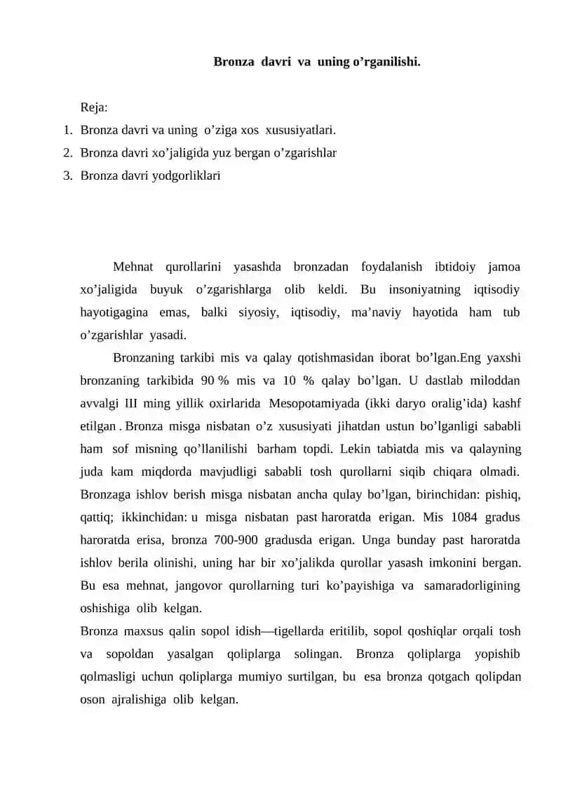 Bronza davri va uning o’rganilishi