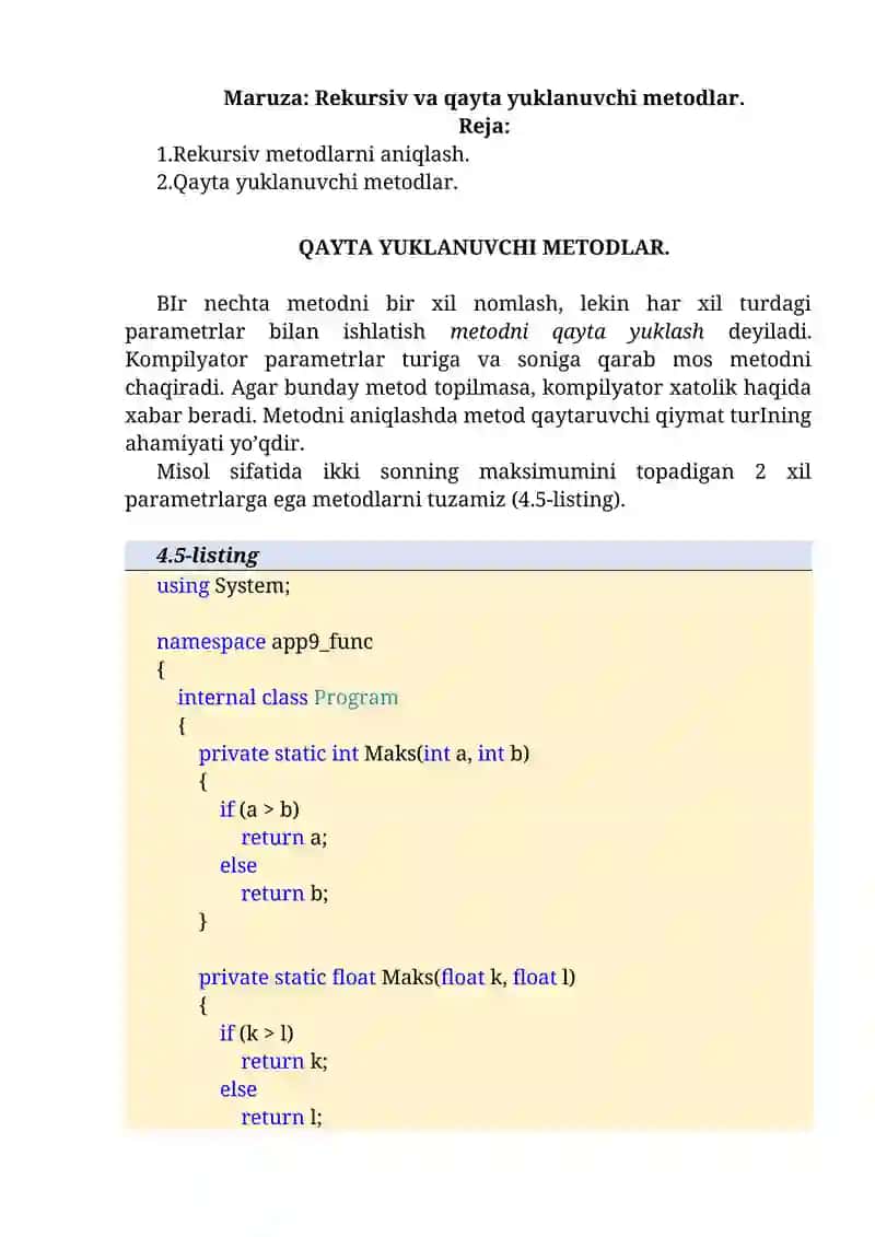 Rekursiv va qayta yuklanuvchi metodlar