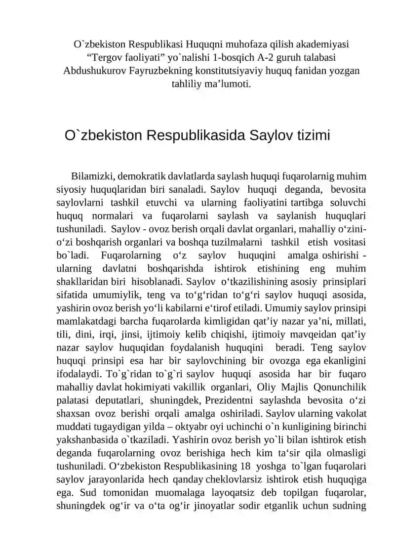 O`zbekiston Respublikasida Saylov tizimi