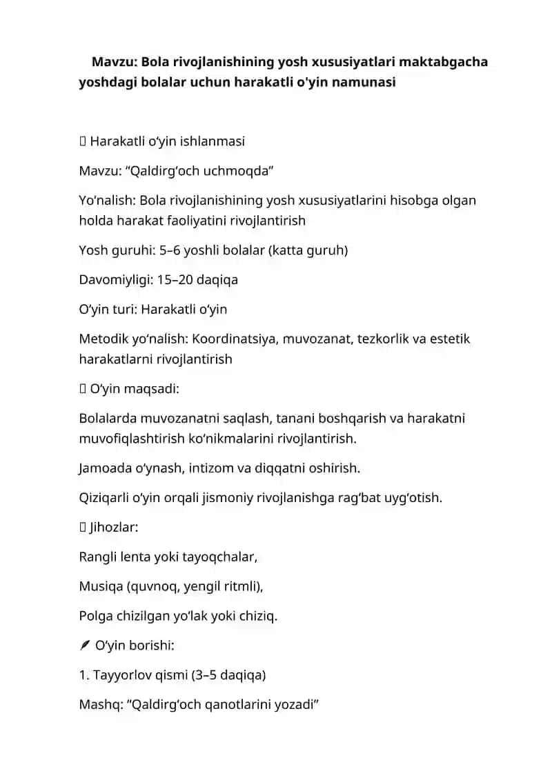Bola rivojlanishining yosh xususiyatlari maktabgacha yoshdagi bolalar uchun harakatli o'yin namunasi