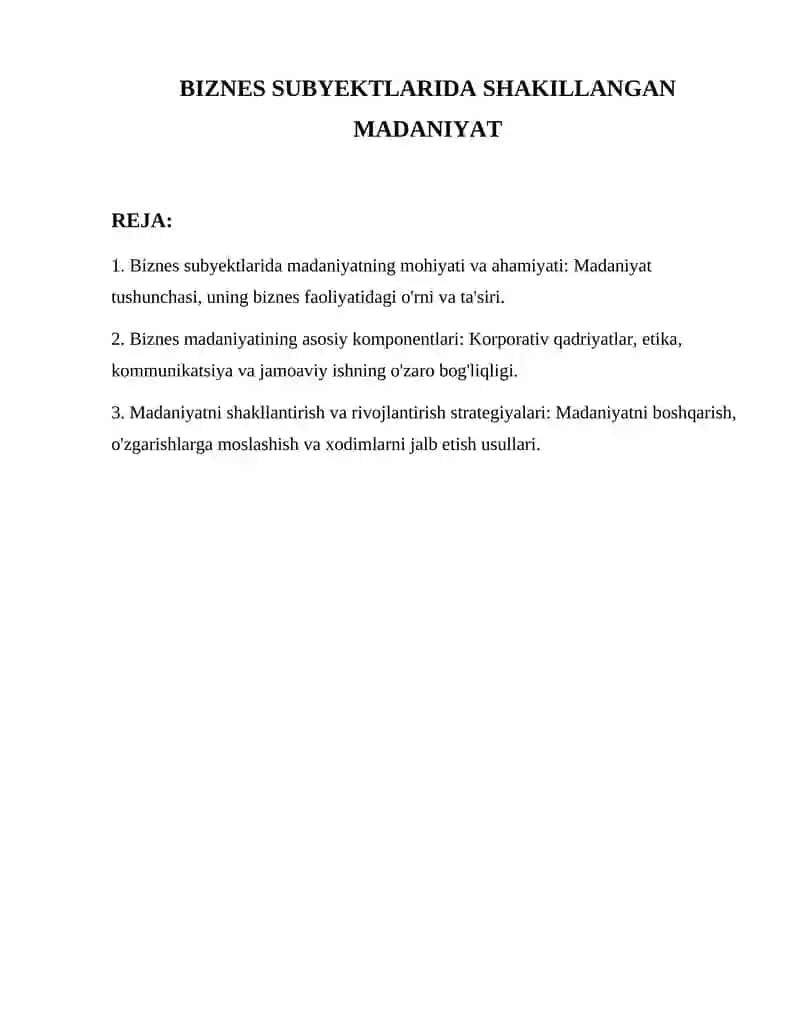 Biznes Subyektlarida Shakillangan Madaniyat