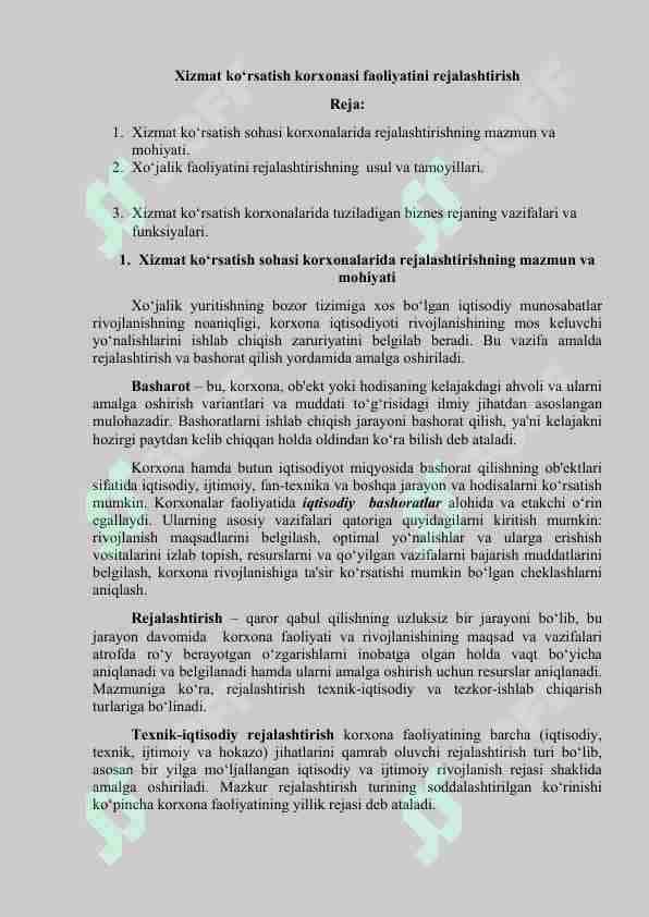 Xizmat ko'rsatish korxonasi faoliyatini rejalashtirish