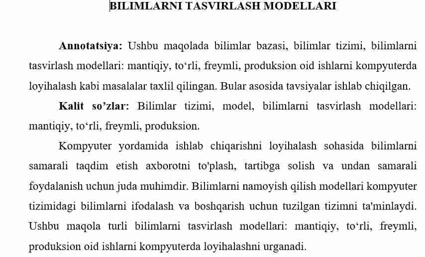 BILIMLARNI TASVIRLASH MODELLARI